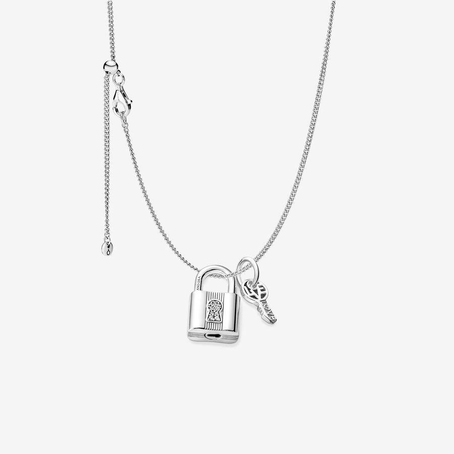 Halskæde med hængelås og nøgle i sølv image number 0